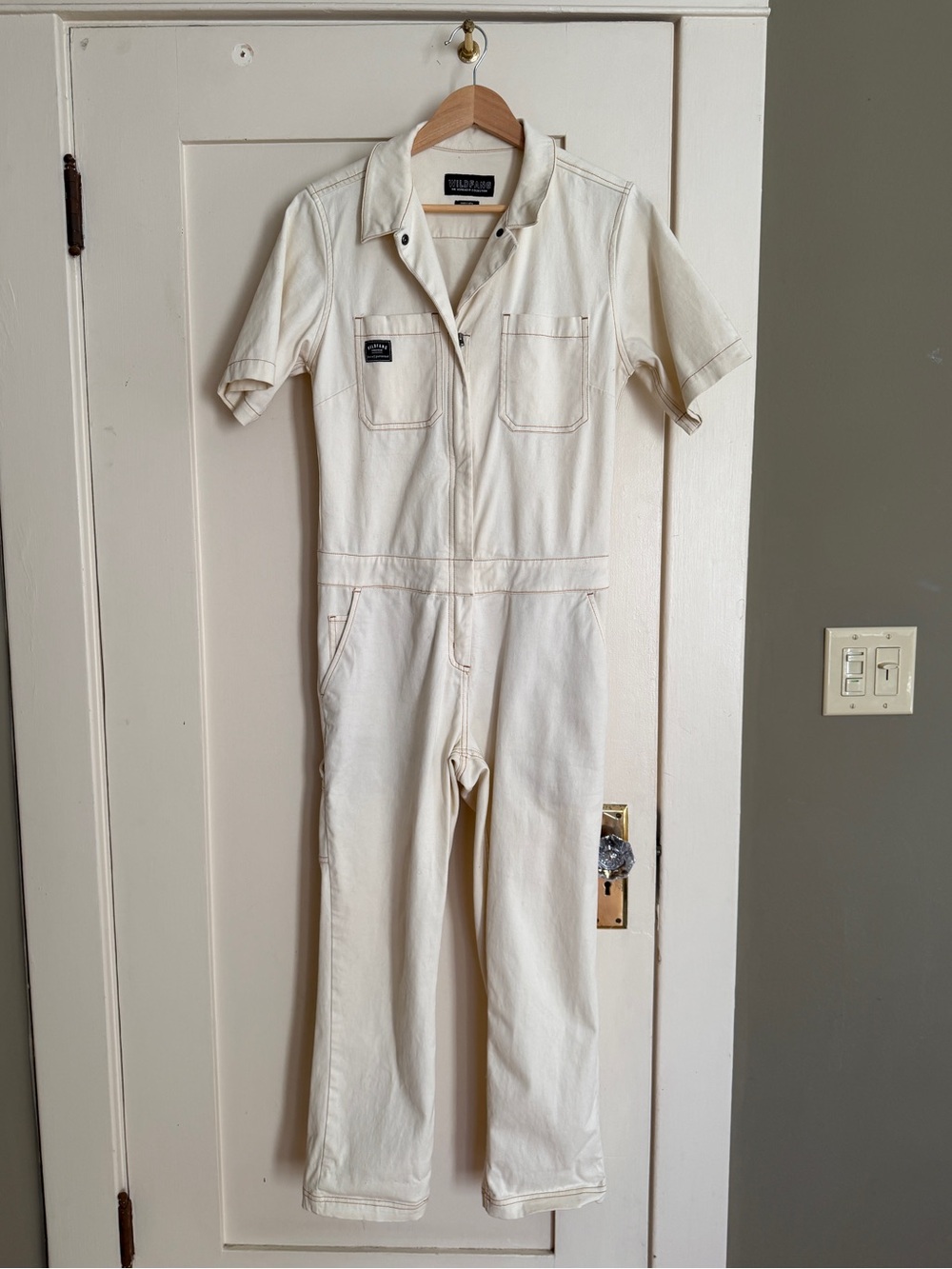 Wildfang Cream Short-Sleeve Denim Utility Jumpsuit